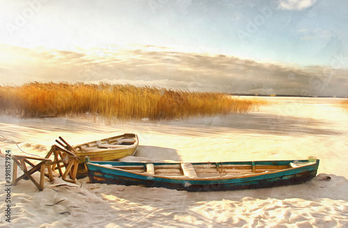 Winter landscape with ice lake and boat colorful painting photo