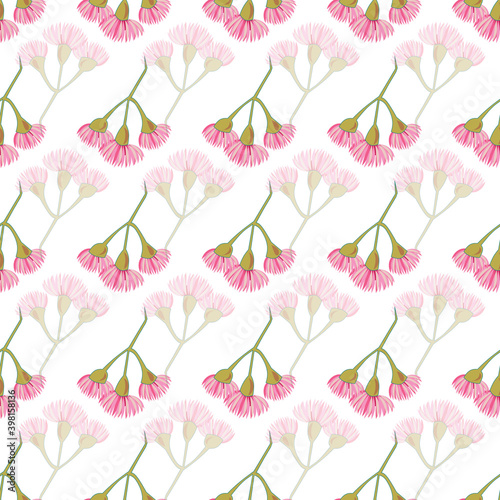 pink eucalyptus blossoms in rows seamless vector repeat pattern. Vector illustration in sweet pinks on a white background