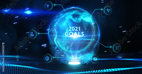Business, Technology, Internet and network concept.  virtual screen of the future and sees the inscription: 2021 goals