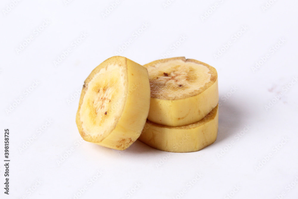 fresh sliced banana fruit with peel, isolated background fresh sliced banana fruit with peel, isolated background