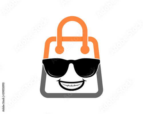 Smiling cool character with shopping bag shape logo
