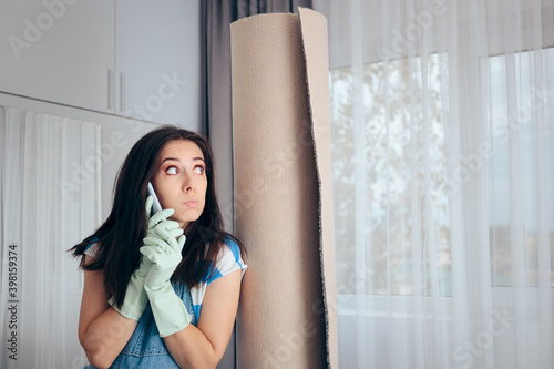 Funny Woman Calling Cleaning Service for Her Carpet