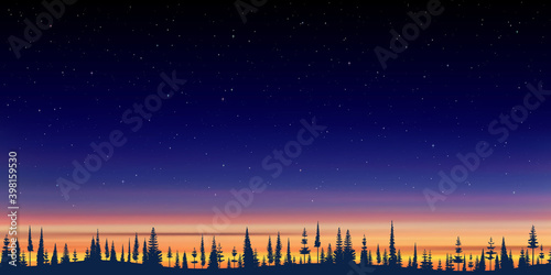Forest on the horizon and stars in the sunset sky. Vector illustration.