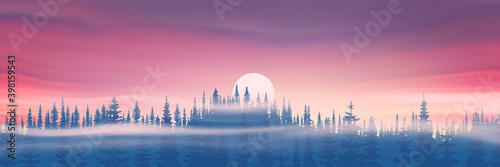 Panoramic evening view. The sun sets behind the trees. Vector illustration.