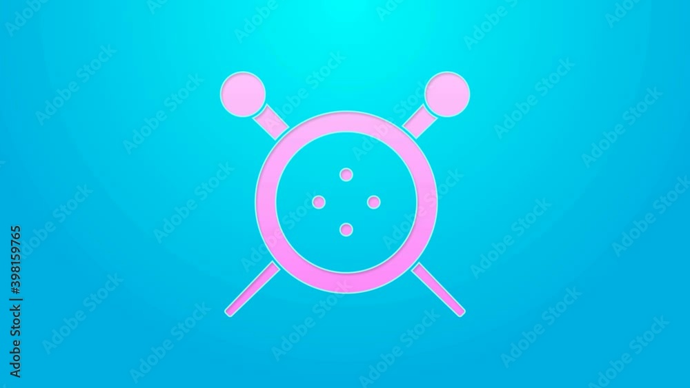Pink line Sewing button and knitting needles icon isolated on blue background. Clothing button. 4K Video motion graphic animation Pink line Sewing button and knitting needles icon isolated on blue background. Clothing button. 4K Video motion graphic animation