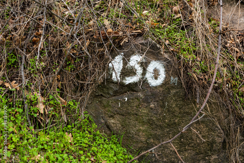 Number 150 written on a rock next to green autumn forest along hiking walking trail in Plovdiv, Bulgaria