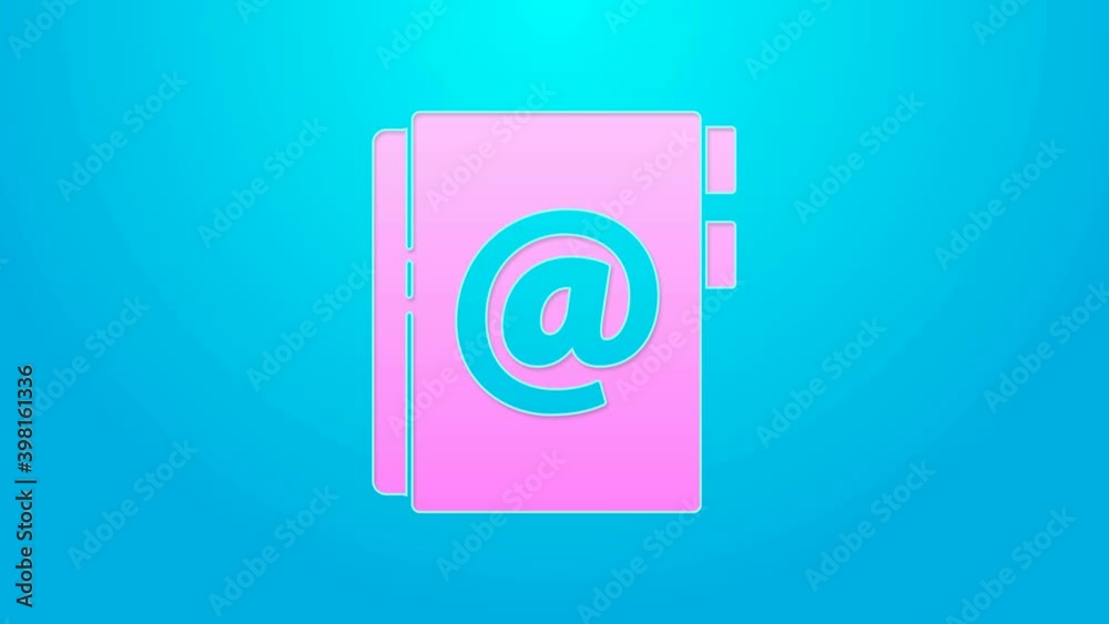 Pink line Address book icon isolated on blue background. Notebook, address, contact, directory, phone, telephone book icon. 4K Video motion graphic animation Pink line Address book icon isolated on blue background. Notebook, address, contact, directory, phone, telephone book icon. 4K Video motion graphic animation