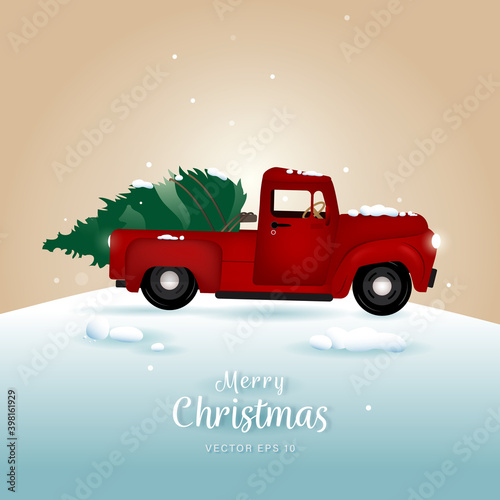 Fényképezés Cute red Christmas tree truck  in snowfield with merry Christmas text