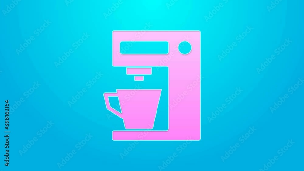 Pink line Coffee machine icon isolated on blue background. 4K Video motion graphic animation Pink line Coffee machine icon isolated on blue background. 4K Video motion graphic animation