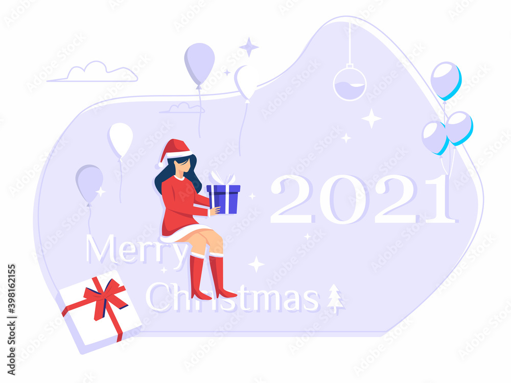 Happy New Year. Woman sitting and celebrating Christmas party. Christmas posters, banners, cover cards, brochures, flyers.
