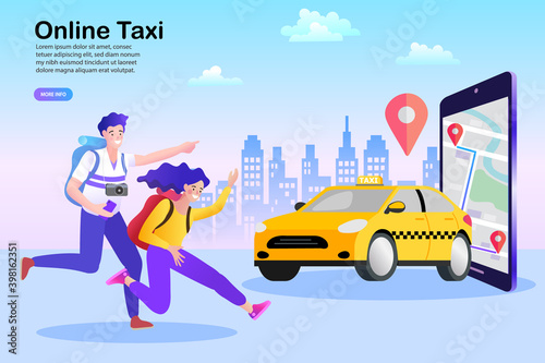 Online taxi for travelers. An excited tourist couple with backpacks runs to catch a cab they booked on a mobile app. Concept for urban adventure, city exploration, and on-demand travel service.