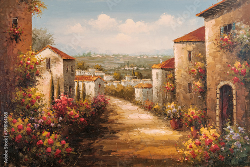 Fototapeta Naklejka Na Ścianę i Meble -  Oil painting - house by the sea, colorful flowers, summer seascape