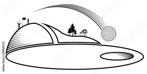 Stick figures, group of golfers are playing on field. Sports golf ball flies into hole after precision hit. Healthy lifestyle. Vector