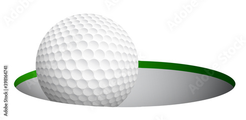 sports golf ball rolling and falls in hole on field after accurate hit. Active lifestyle. Realistic vector