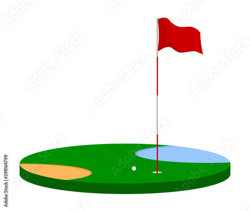 golf flag on pole on green field. Golf hole on course marked with flag. Active lifestyle. Isometric vector isolated on white background