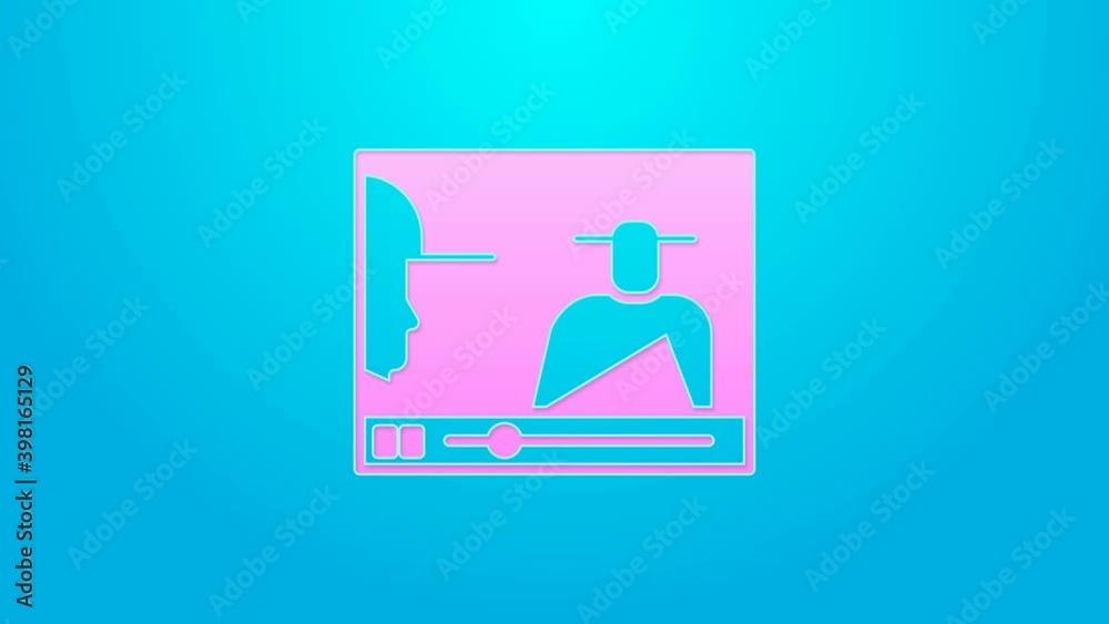 Pink line Online play video icon isolated on blue background. Film strip with play sign. 4K Video motion graphic animation Pink line Online play video icon isolated on blue background. Film strip with play sign. 4K Video motion graphic animation