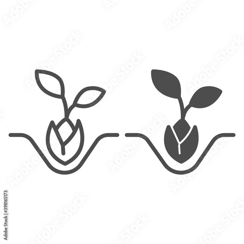 Sprout and grain in ground line and solid icon, farm garden concept, Grow seed plant sign on white background, sprout grain icon in outline style for mobile concept and web design. Vector graphics.