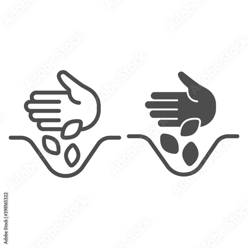 Hand and grains in soil line and solid icon, farm garden concept, Sowing seeds sign on white background, Hand planting seeds in ground icon in outline style for mobile and web design. Vector graphics.