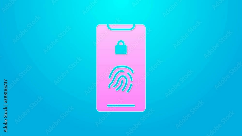 Pink line Smartphone with fingerprint scanner icon isolated on blue background. Concept of security, personal access via finger on mobile. 4K Video motion graphic animation Pink line Smartphone with fingerprint scanner icon isolated on blue background. Concept of security, personal access via finger on mobile. 4K Video motion graphic animation