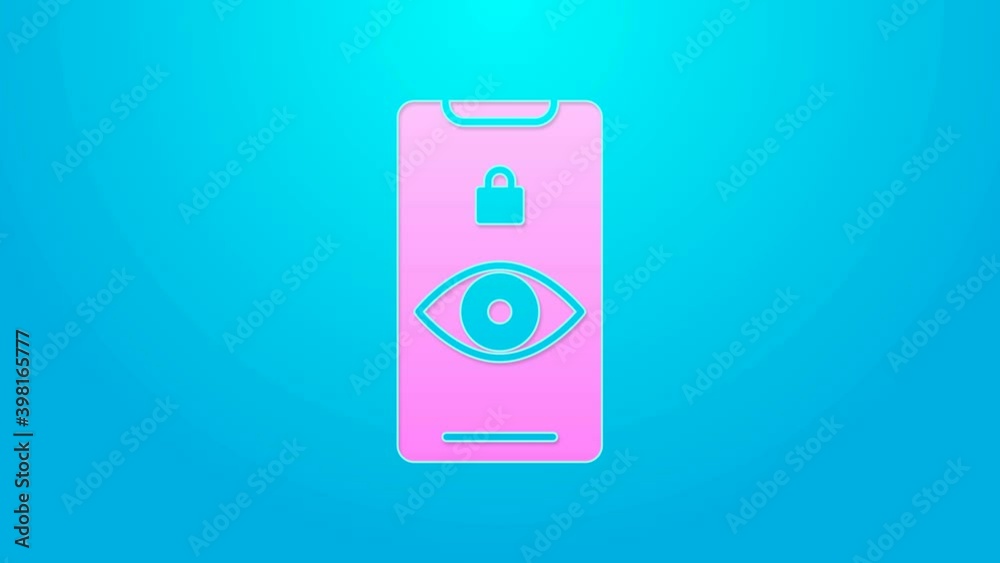 Pink line Eye scan icon isolated on blue background. Scanning eye. Security check symbol. Cyber eye sign. 4K Video motion graphic animation Pink line Eye scan icon isolated on blue background. Scanning eye. Security check symbol. Cyber eye sign. 4K Video motion graphic animation