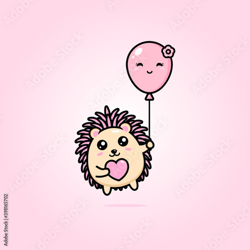 vector design of cute hedgehog character flying with balloons