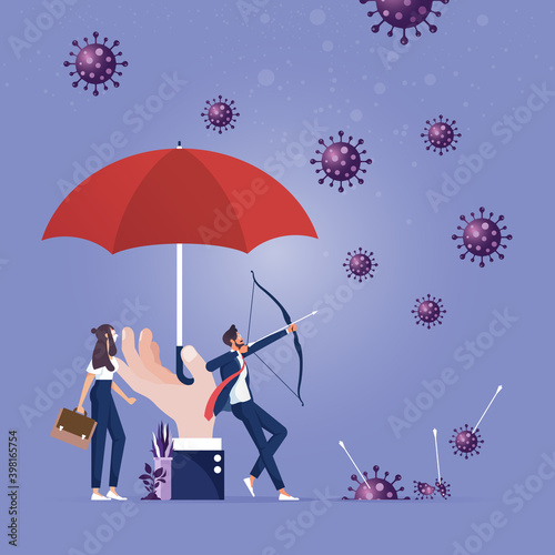 Victory of coronavirus pandemic concept-Fight corona virus, Business company shoot viruses with a crossbow. The victory of mankind over a pandemic, coronavirus lockdown ending metaphor