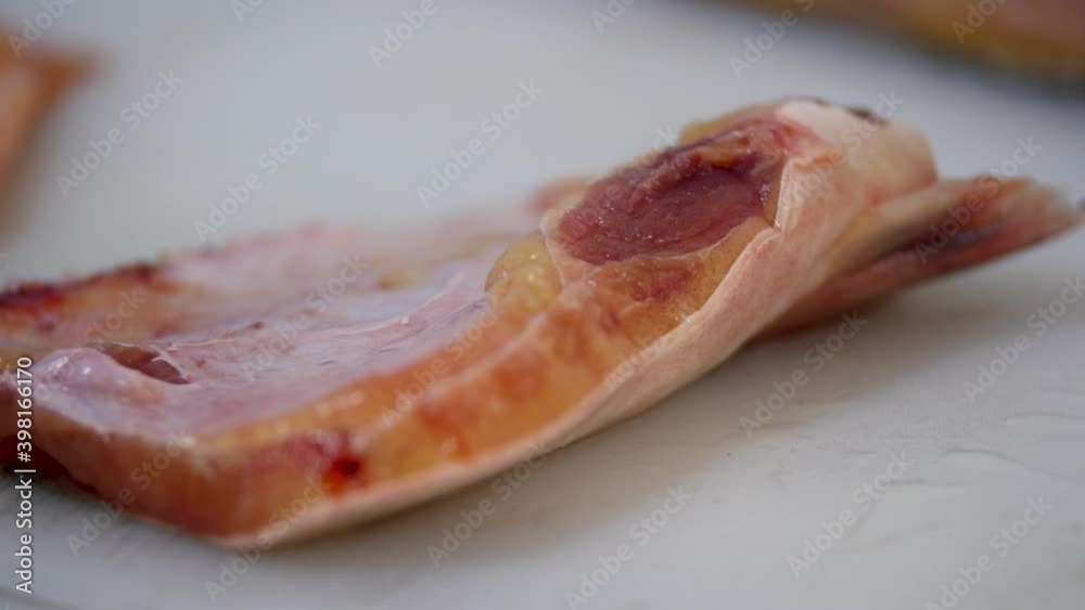 Slaughtering fish fillets. Separate parts before delivery. Slaughtering fish fillets. Separate parts before delivery.