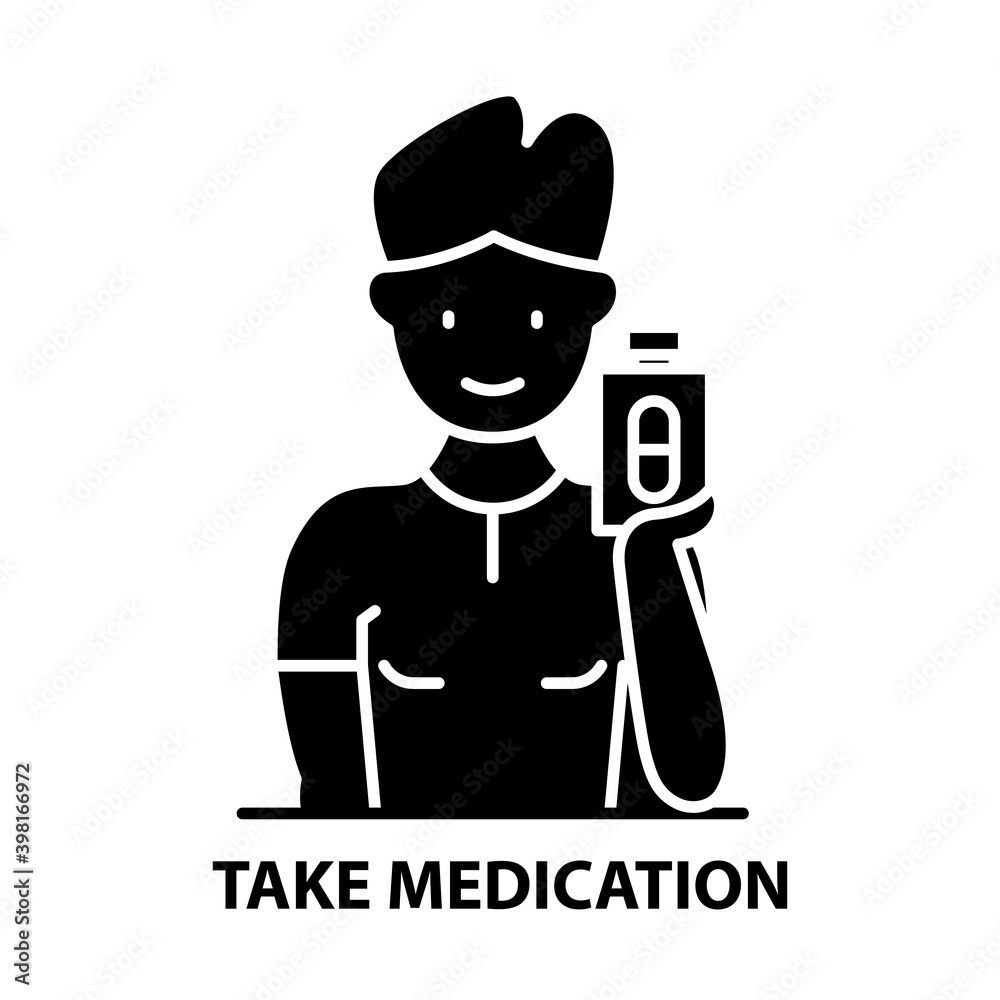 take medication icon, black vector sign with editable strokes, concept illustration
