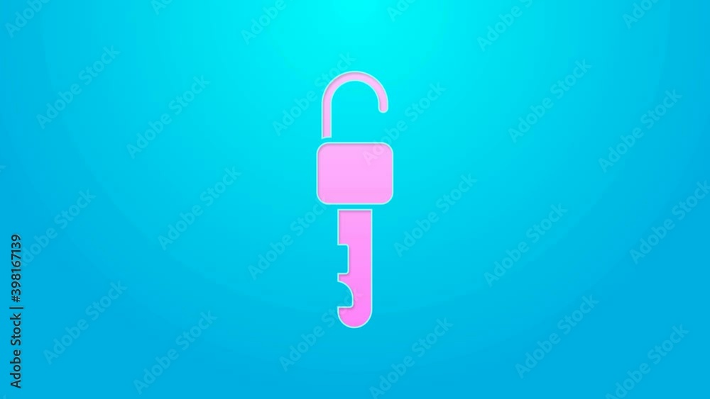 Pink line Unlocked key icon isolated on blue background. 4K Video motion graphic animation Pink line Unlocked key icon isolated on blue background. 4K Video motion graphic animation