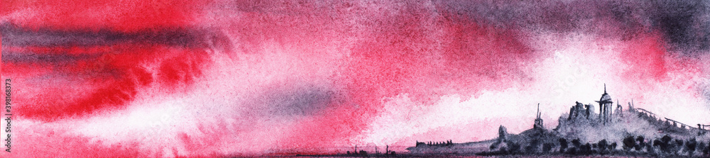 Obraz premium Watercolor landscape of dark blurry silhouettes of distant city against amazing sunset sky of scarlet color with white fluffy and black thunder clouds. Beauty of heaven hand drawn on textured paper.