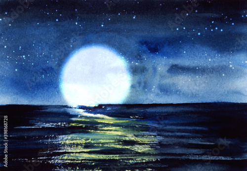 Romantic watercolor landscape of amazing night starry sky with huge full moon above deep dark sea. Calm water surface reflects moonlight. Hand drawn illustration of beautiful night view