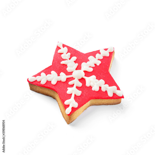 Merry Christmas gingerbread star cookie isolated on white background. Winter baking at Xmas or New Year holiday