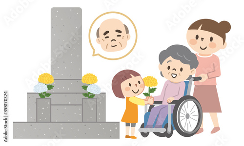 お墓参りをする家族