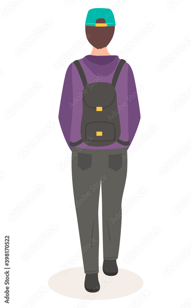 Man or woman short-haired in casual clothes in a cap going with a backpack on the back flat style. Rear view of a walking man in a sports jacket, hands in pockets. Male back view isolated on white Man or woman short-haired in casual clothes in a cap going with a backpack on the back flat style. Rear view of a walking man in a sports jacket, hands in pockets. Male back view isolated on white