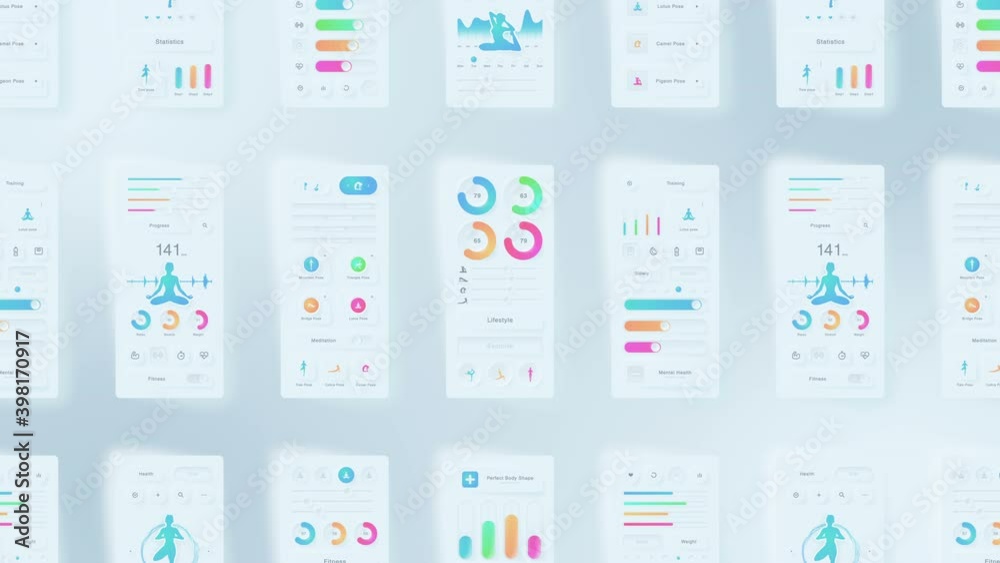 Creative design of yoga application. Neumorphism. Hi tech panel. Fitness and exercise concept. UI, UX, GUI mobile screens modern infographic. Loop animation.
