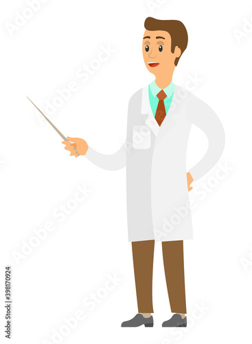 Medicine lesson at the university. Man in laboratory coat isolated on white background. A male character with a pointer talks about pills. Professor explains a new topic in the field of medicine