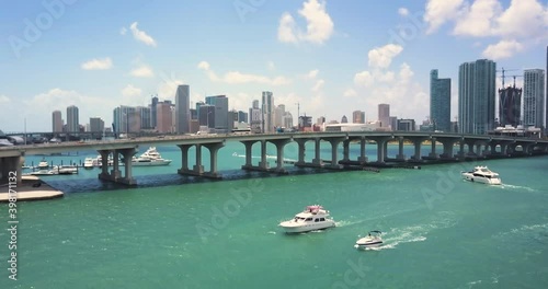 beautiful aerial shot of miami skyline with the bay, boats, and a bridge photo