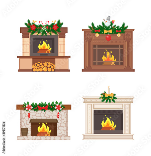 Fireplace with pine branches and bows decor vector isolated icons set. Logs burning inside, stone and bricks pavement, candy and candle with ribbon