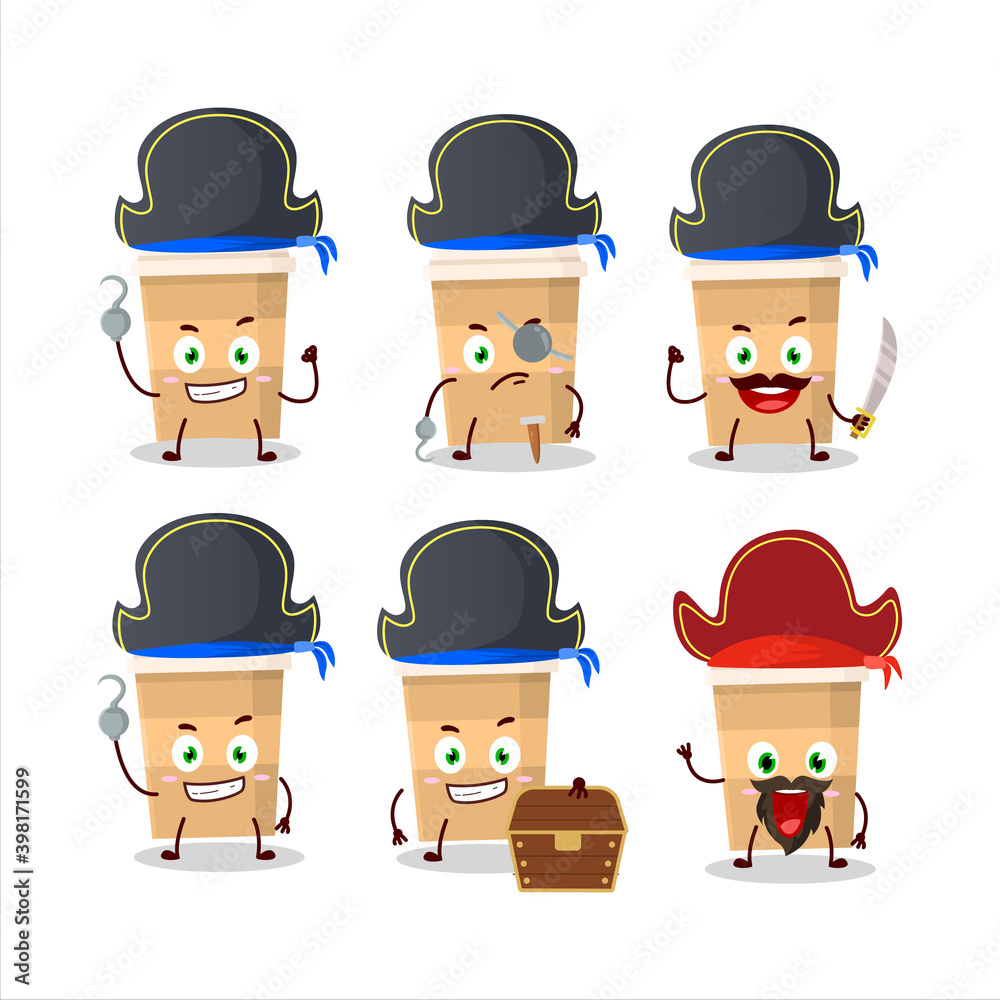 Cartoon character of new coffee cup with various pirates emoticons Cartoon character of new coffee cup with various pirates emoticons