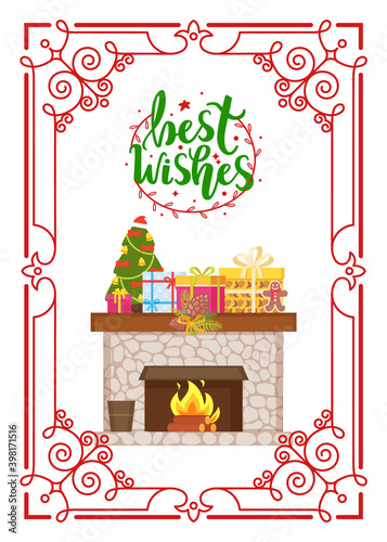 Best wishes, fireplace made of stone, topped by wrapped presents and gift boxes, vector in Xmas frame. Mantelpiece with burning fire and logs in flame