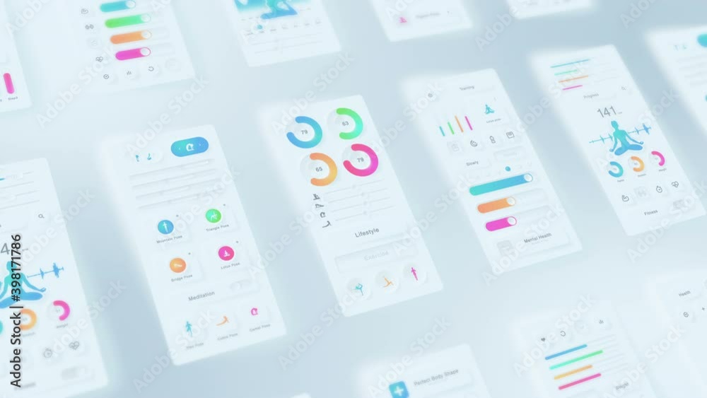 Creative design of yoga application. Neumorphism. Hi tech panel. Fitness and exercise concept. UI, UX, GUI mobile screens modern infographic. Loop animation.
