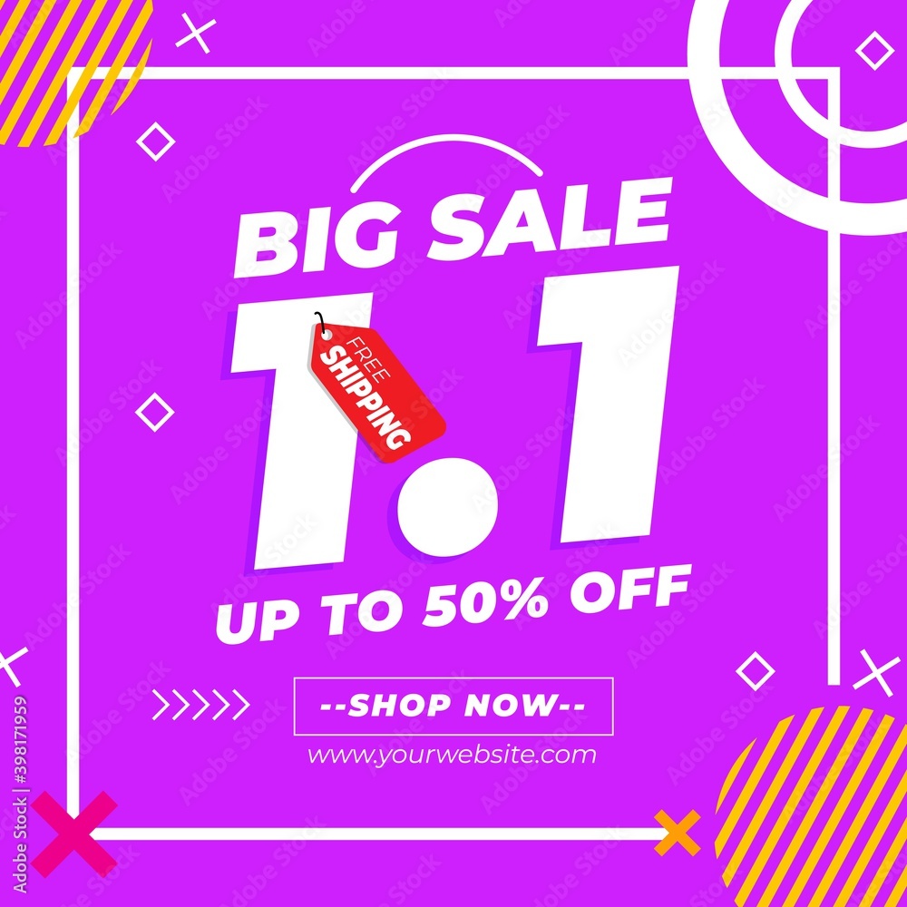 Purple 1.1 Shopping Day Sale Banner Promotion With Memphis Style design. New Year Sale discount, Online Shop. Vector Illustration