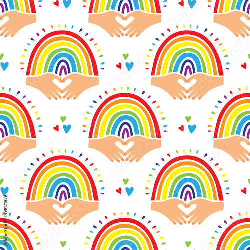 Rainbow pattern Love background, Cute childishly drawn rainbows. Trendy design, Vector seamless pattern photo