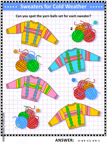 Picture riddle with knitted sweaters: Can you spot the yarn balls set for each sweater? Answer included.
