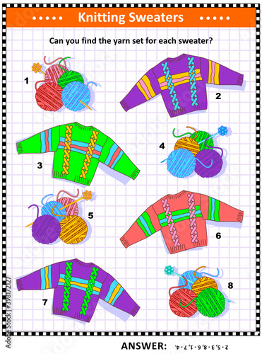 Color matching and knitting visual puzzle for kids: Can you find the yarn set for each sweater? Answer included.
