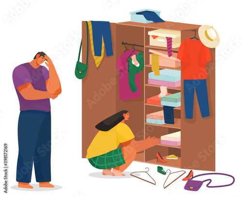 Scenes with the family doing housework, couple man and woman clean the house, washing clothes and putting things in the wardrobe or closet. Tired guy holding his head in his hand and active girl