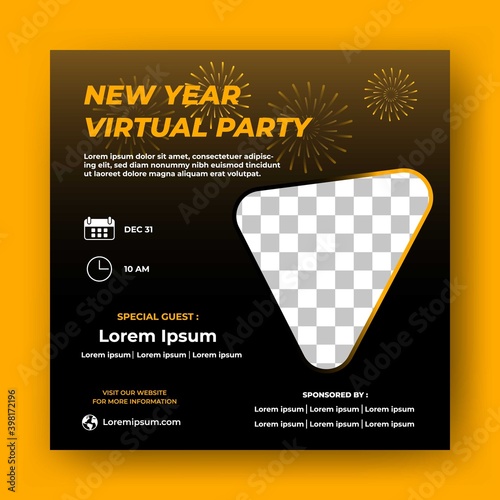 Social media new year online party with fireworks decoration. Editable invitation party banner template with photo collage. Flat design vector. Usable for social media, banner and web internet ads.