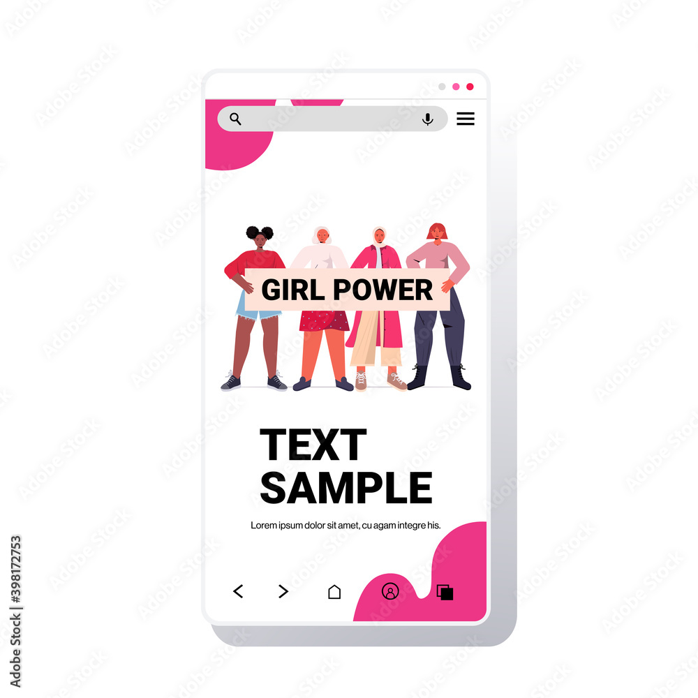 Fototapeta premium mix race girls activists holding poster female empowerment movement women power concept smartphone screen copy space vector illustration