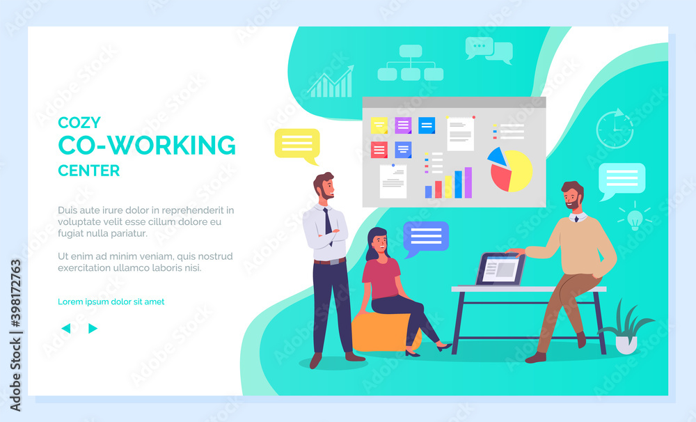 Co working people webpage, business meeting, teamwork, collaboration and discussion, conference table, brainstorm. Cozy coworking center landing page template. Office space for communicate colleagues