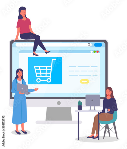 Office worker characters meeting concept. Businesswoman talking to colleague siting at the desk with laptop. Business people talking communication, discuss project, plan online store activities